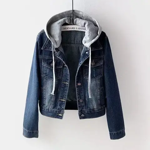 Spring Autumn Denim Jacket Women Single Breasted Patchwork Hooded Crop Coats Korean Casual Streeetwear Outerwear 2025 New