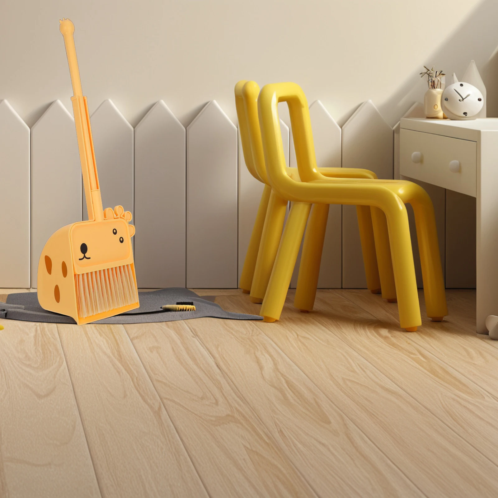 1Set Kinderbesen und Kehrschaufel, niedliches Giraffen-Design, Mini-Reinigungsset für Kleinkinder, pädagogisches Rollenspiel, Haushaltshelfer, klein