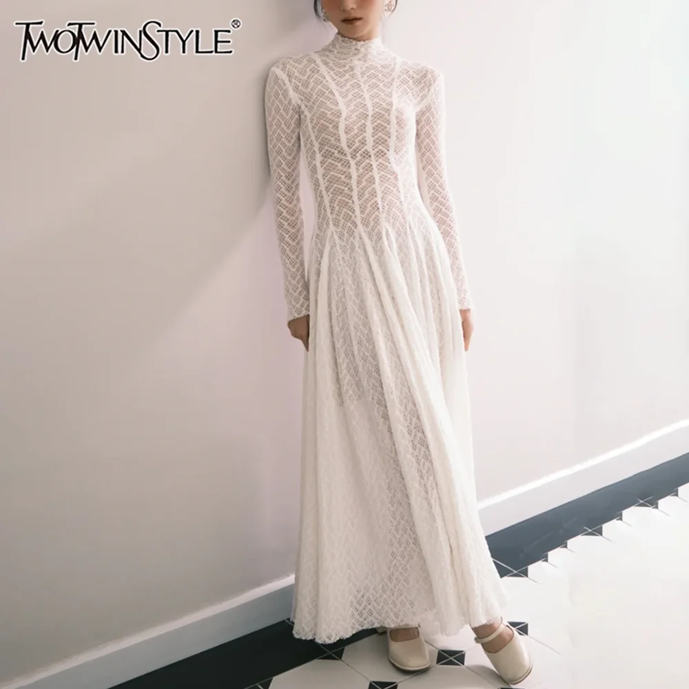 

TWOTWINSTYLE Solid Long Dress for Women Stand Collar Slimming Long Sleeve High Waist Chic Pleated Dresses Female New