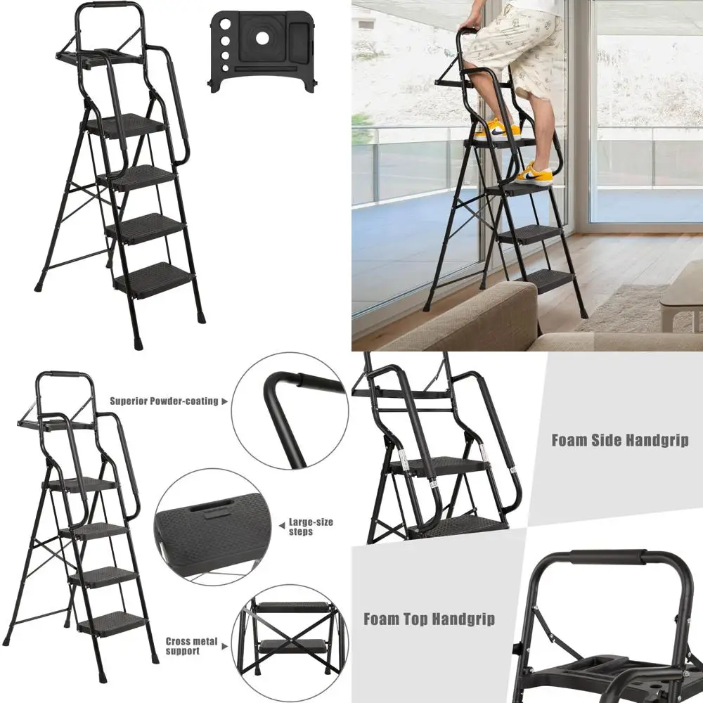 

Folding Step Ladder with Handrails and Tool Platform, 330 lb Capacity, Portable Step Stool for Adults, Heavy Duty Ladder with St