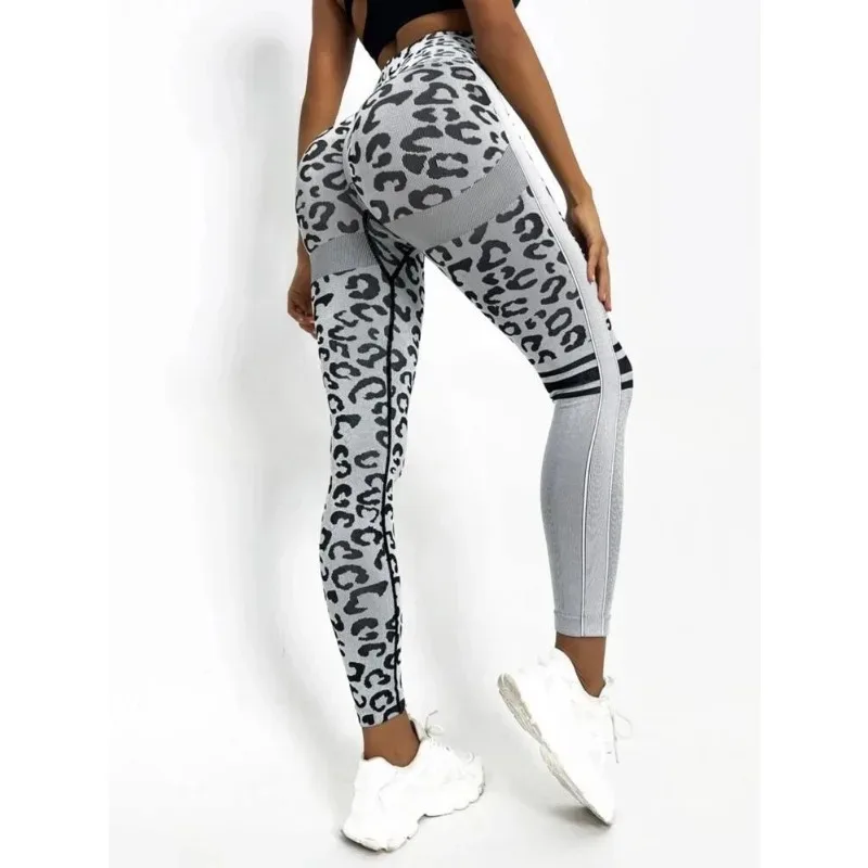 Seksowne legginsy w panterkę damskie wysokiej talii bezszwowe legginsy Fitness Hip Liftting dzianinowe modne rajstopy trening gimnastyczny legginsy