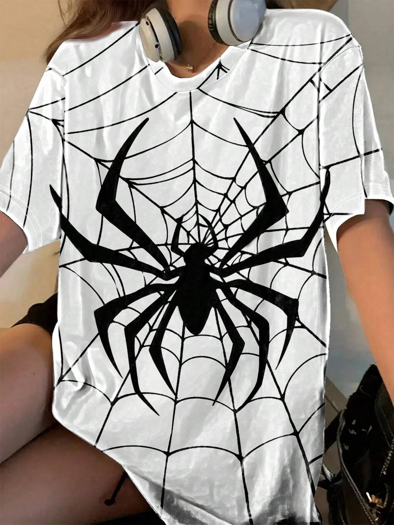 

Women 3D Spider Web Print Round Neck Short Sleeve T-Shirt Summer 3 colorsTee Baseball Jerseys Stripe Oversized Sport T-Shirt