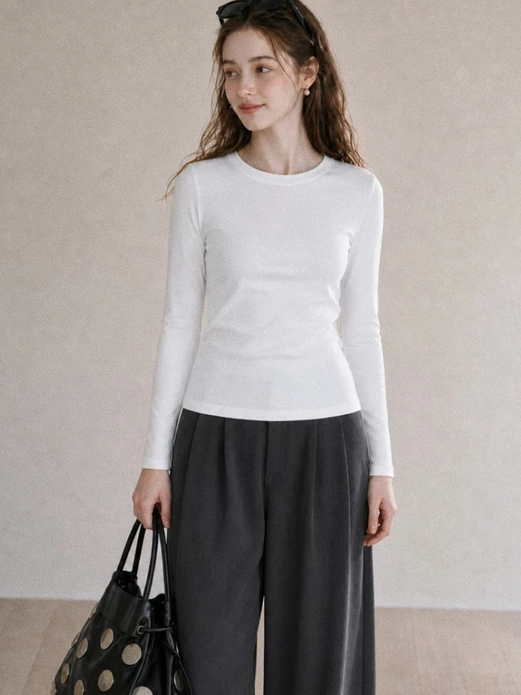 2026 Autumn New Korean Style Simple O-Neck Tee Solid Slim Long Sleeve Women T-shirt Basic Cotton Inner Base Tops Y2k Crop Top