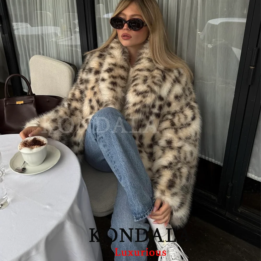 KONDALA ソフトヒョウ柄フェイクファーコート レディース 長袖 オーバーサイズコート ファッション 2025 秋冬 厚手 暖かい ストリートウェア アウター