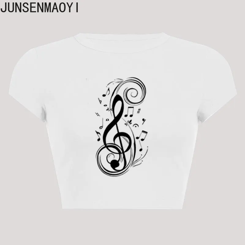 Musical Note Music Tide Print Pattern New Summer Short Sleeve O Neck Cropped Navel Women Crop Tops Fashion T-Shirt