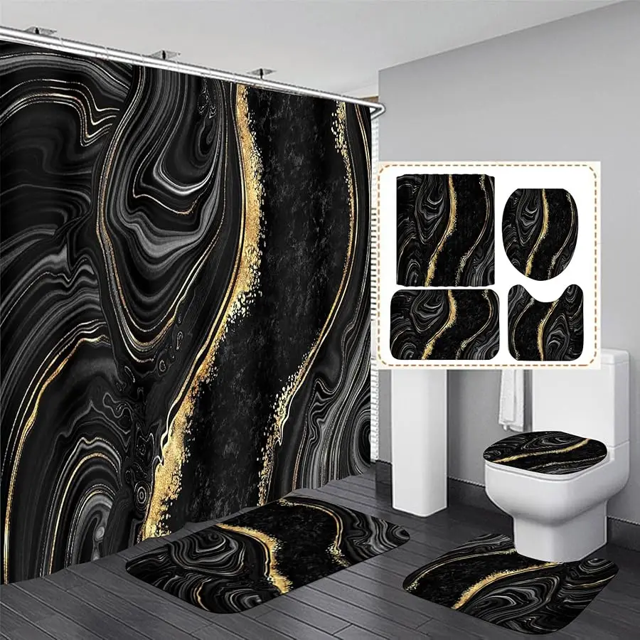 

4 Pcs Black Marble Shower Curtain Sets with Rugs Gold Bathroom Sets with Shower Curtain and Rugs Modern Abstract Bathroom Decor