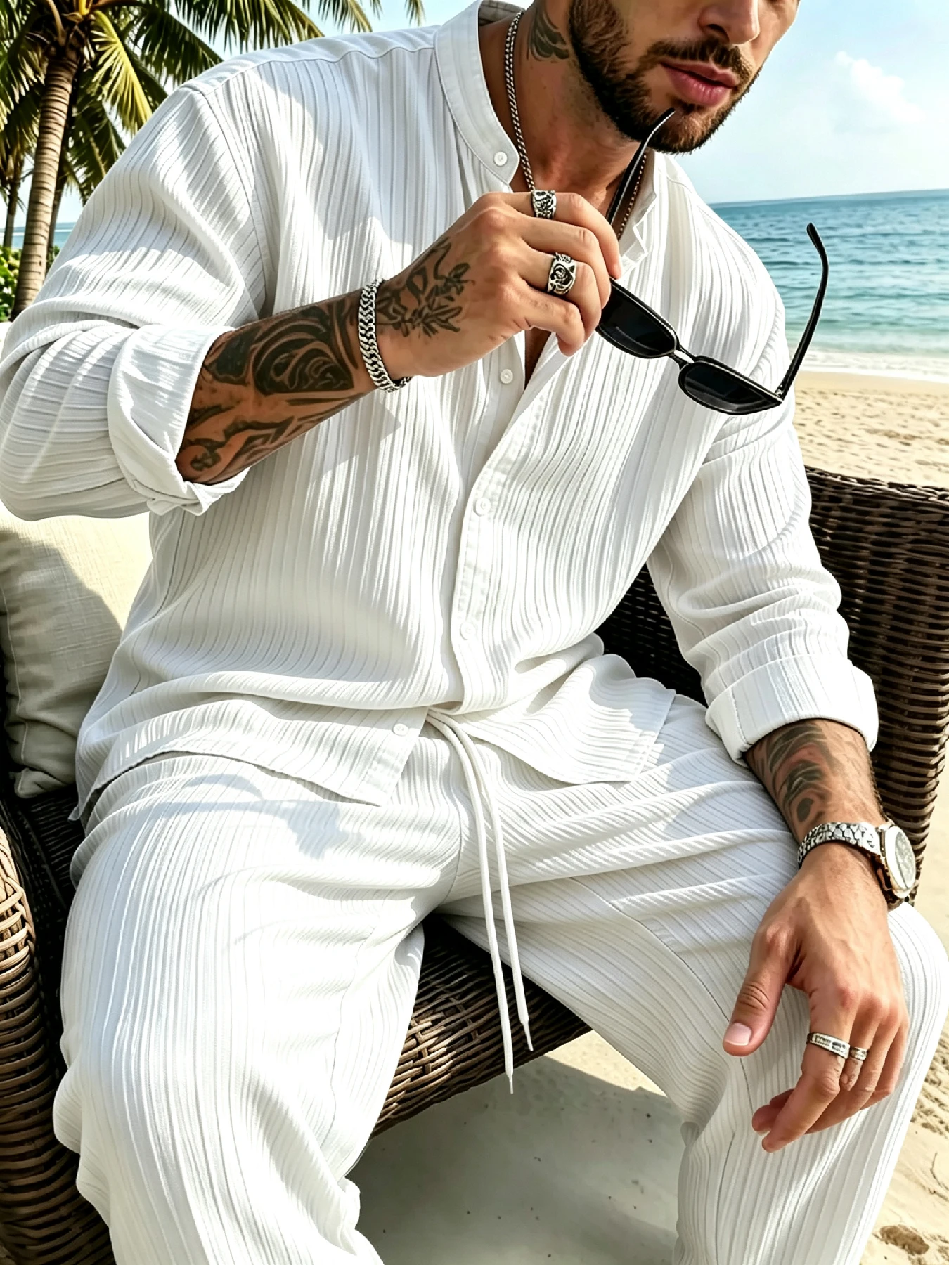 Men's Lazy Relaxed Style Textured Stripe 2-Piece Set, Stand Collar Rollable Long Sleeve Shirt with Elastic Drawstring Pants, Loo