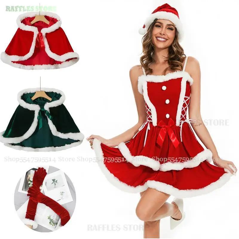 Feminino ano novo vestido de natal bonito sexy terno cosplay papai noel xsmas xale trajes moda festa de férias vestir-se roupa