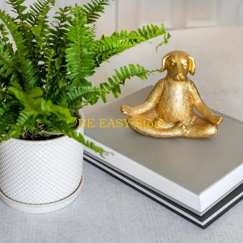 E28F Living Room Dog Statue Accent with Meditating Pose for Shelf and Desk Display, Small Figurine for Bedroom Entryway Table