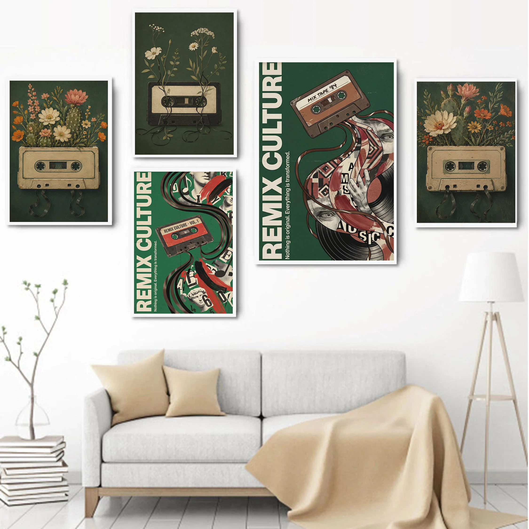 Vintage Audio Floral Cassette Poster Remix Culture Vinyl Record Prints Canvas Painting Wall Art Pictures Home Living Room Decor
