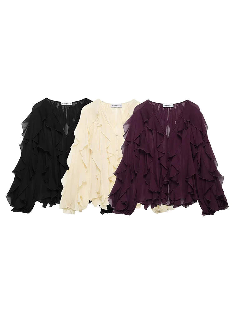 

KUCLUT Women Fashion Solid Ruffled Pleated Single Breasted Blouse Vintage V-Neck Long Sleeves Female Chic Lady Shirts