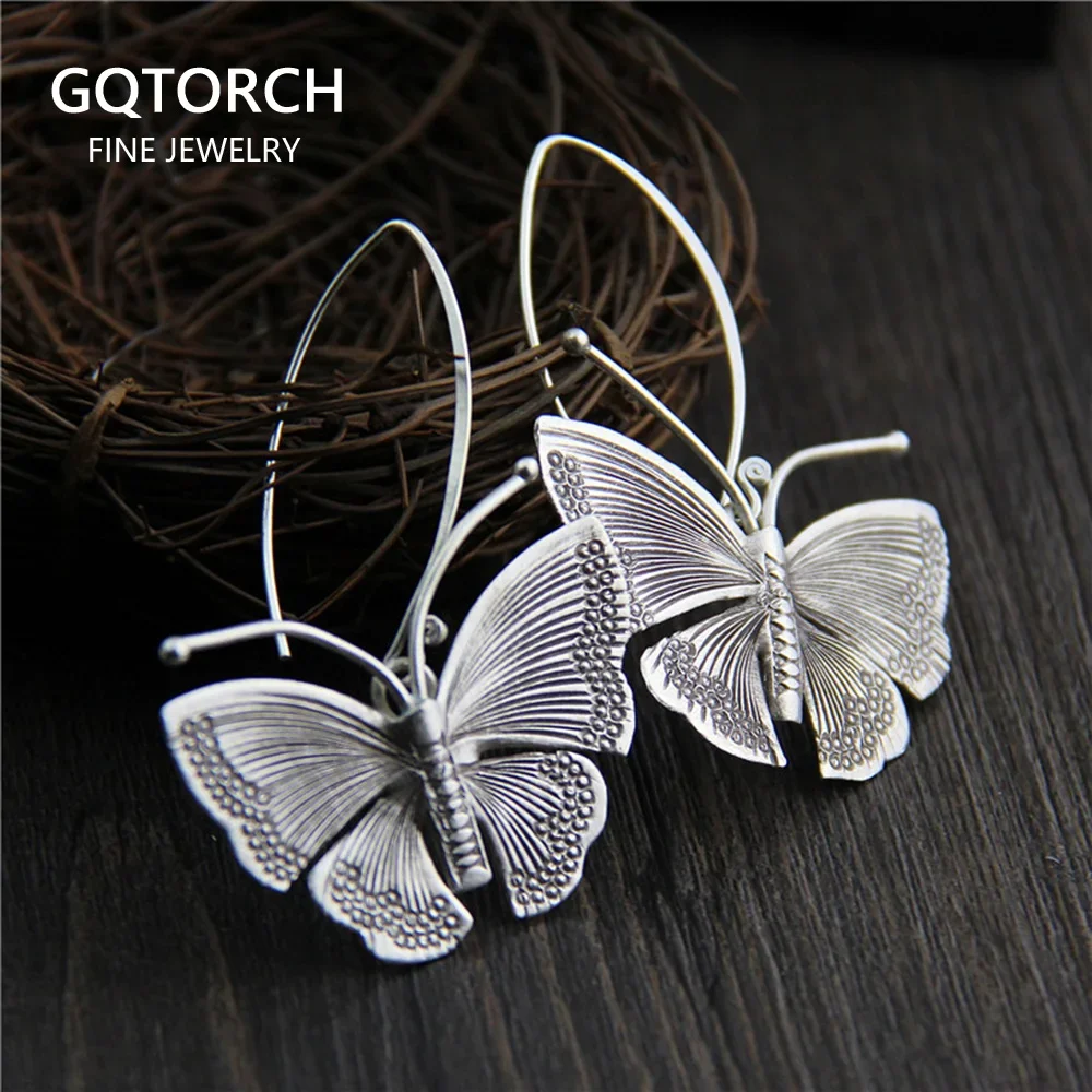 Pur 100% 925 Sterling Argent Exagéré Grand Papillon Goutte Boucles D'oreilles Pour Les Femmes À La Main Style Vintage