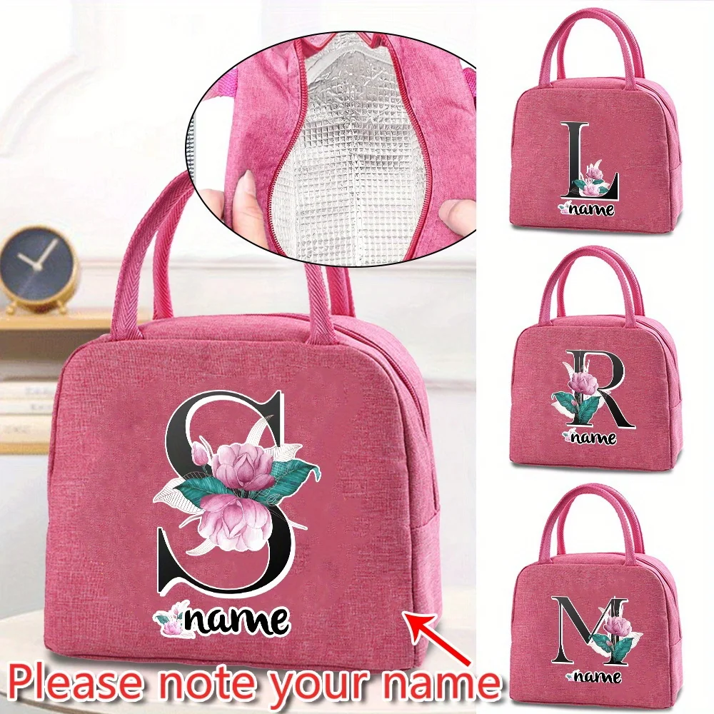 Customized Insulated Pink Lunch Bag Bento Bag Aluminum Foil Personalized Letter Pattern Insulated Lunch Box Picnic Food Bag