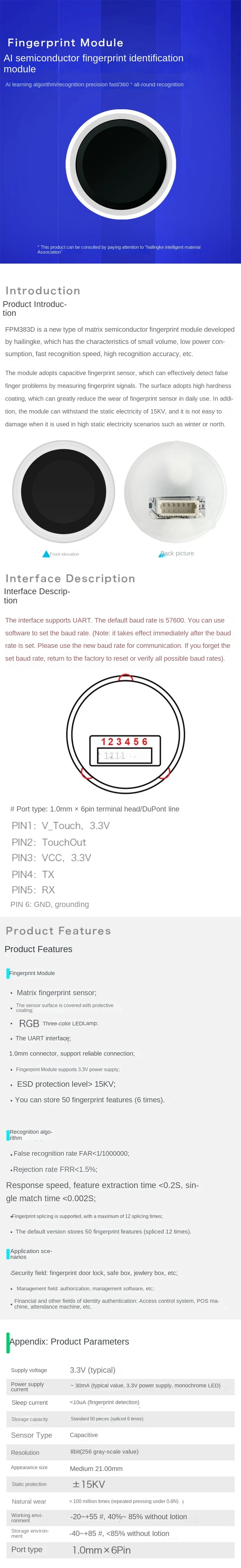 Fingerabdruckerkennungsmodul FPC Area Array Semiconductor Capacitive Touch FP Fingerabdruck + BLE Türschloss-Erfassungssensor – Detail 2
