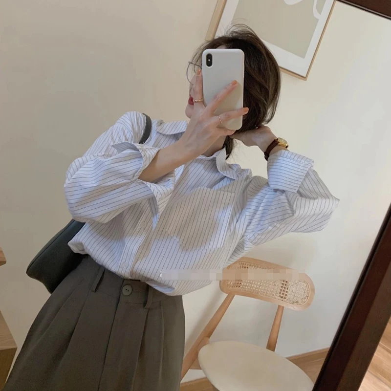 

Ele Vertical Striped irt Women's Base Layer Unique Design Layering Charming Top Korean Sle Commute Long Sve Loose Fit