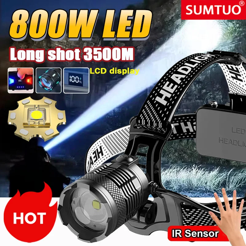 1000000LM Powerful Headlamp 800W Led Sensor Head Flashlight Long Range Headlight 18650 Rechargeable Head Lantern Fishing Camping