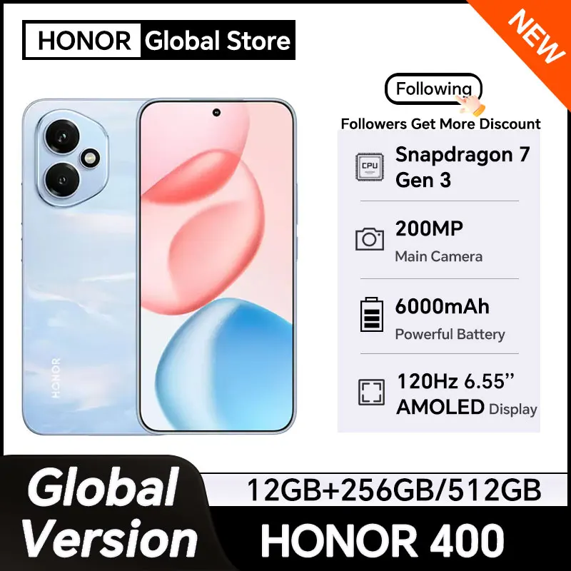 

HONOR 400 Global Version 5G Smartphone 6.55'' AMOLED 120Hz Screen Snapdragon 7 Gen 3 6000mAh Battery 80W Supercharge eSIM IP66