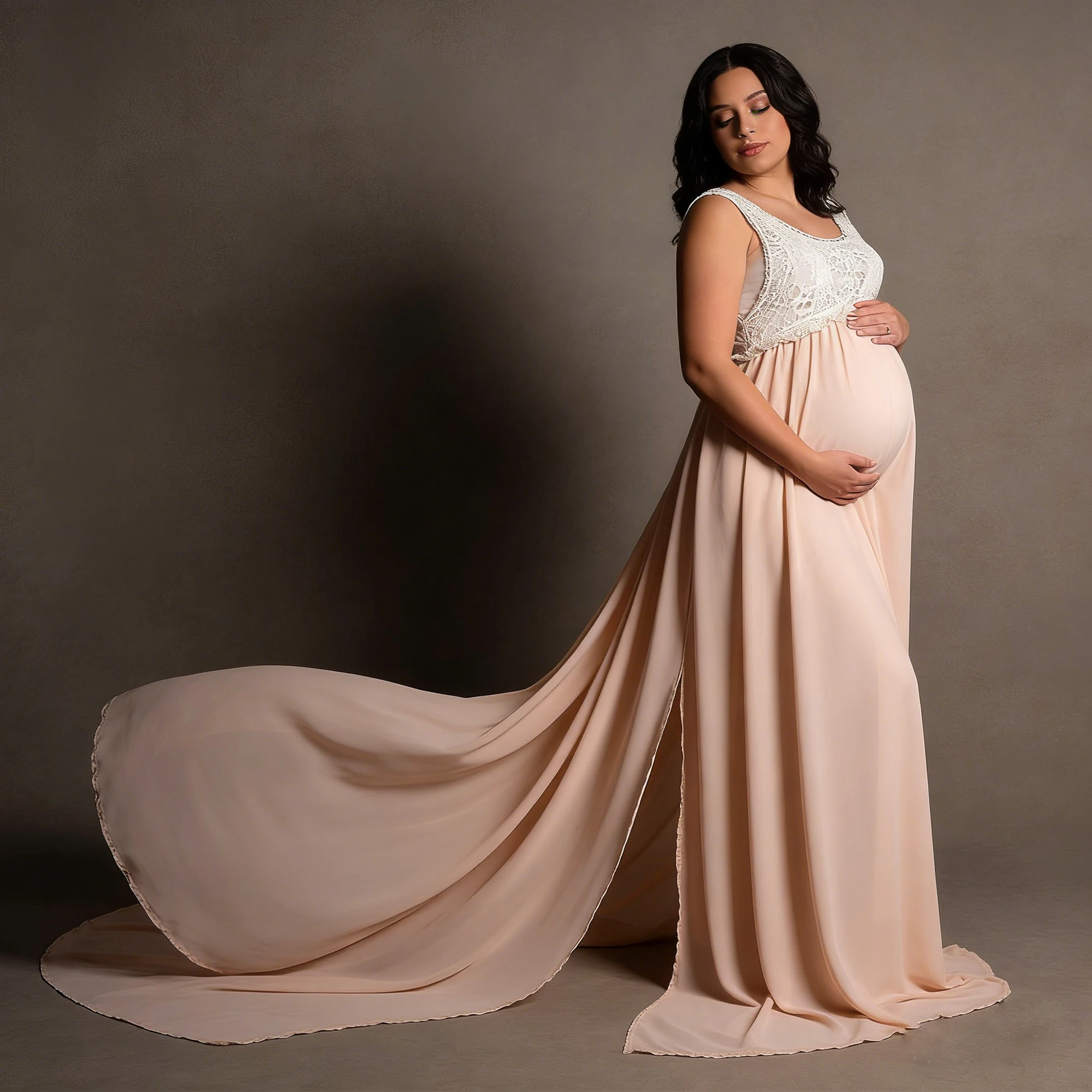 

Don&Judy Nude Pink Chiffon Slip Dress with Floral Appliqué Dress Gown for Maternity Non-Maternity Photo Prop Photoshoot Session