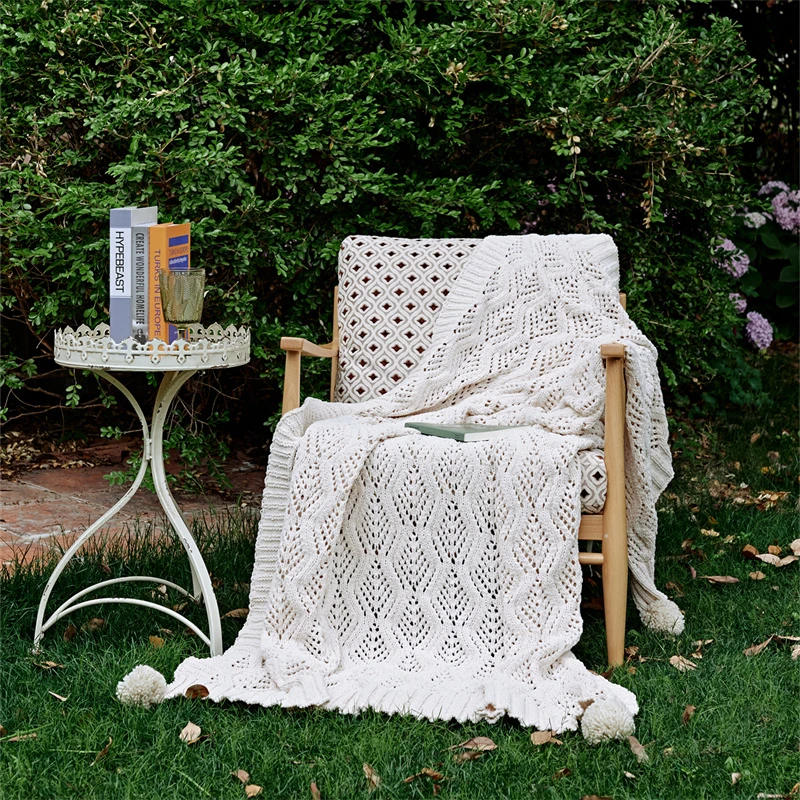 

PKB New Custom Soft Cable Hollow Crochet Pompom Chenille Knitted Bed Couch Throw Blanket Home