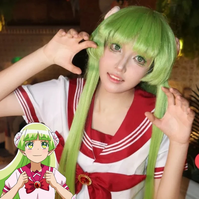 ‌ Anime bem-vindo à escola de demônio valac clara peruca cosplay verde cabelo longo resistente ao calor peruca sintética halloween prop