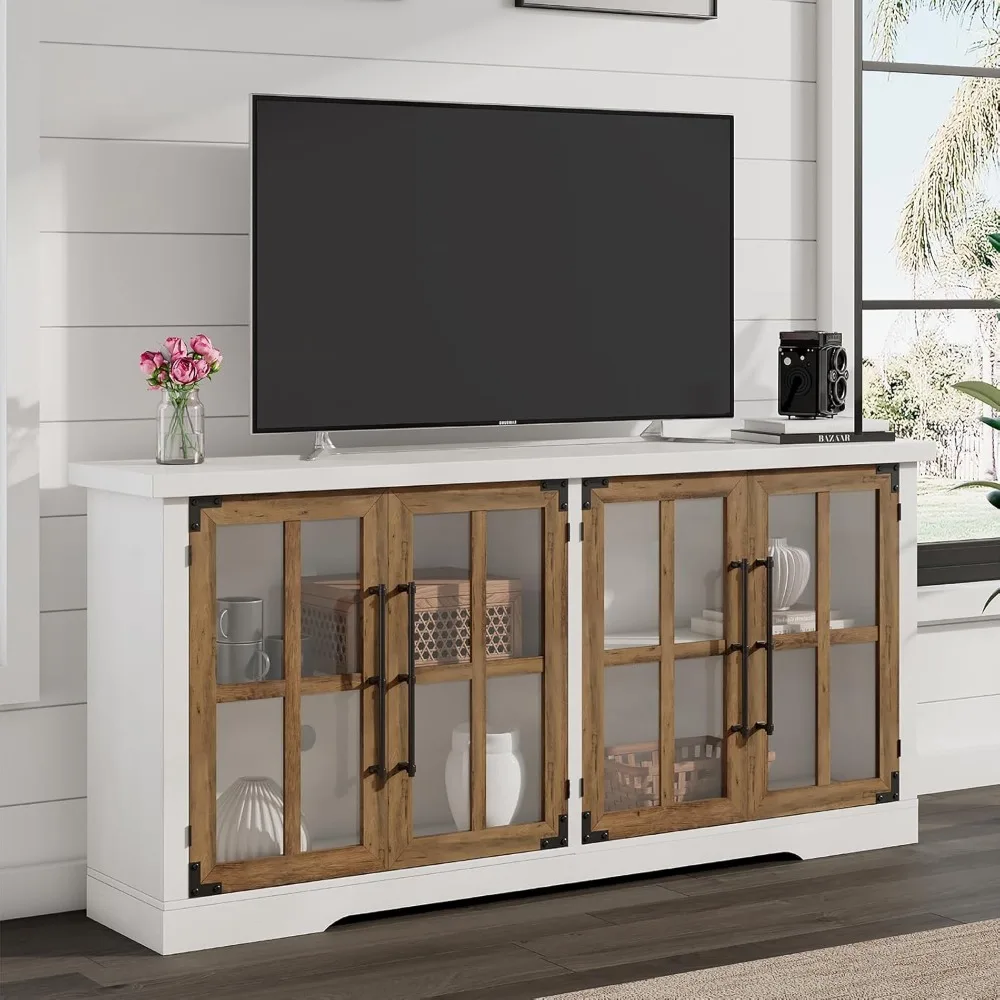 

63" Farmhouse TV Stand with 4 Glass Doors, Modern Buffet Sideboard Cabinet with Storage, Entertainment Center with Adjustable Sh