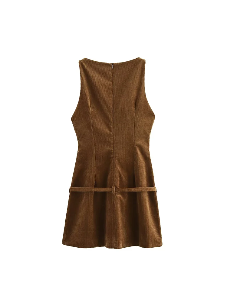 2024 European and American style autumn and winter new high-end waist sleeveless corduroy belted vest dress