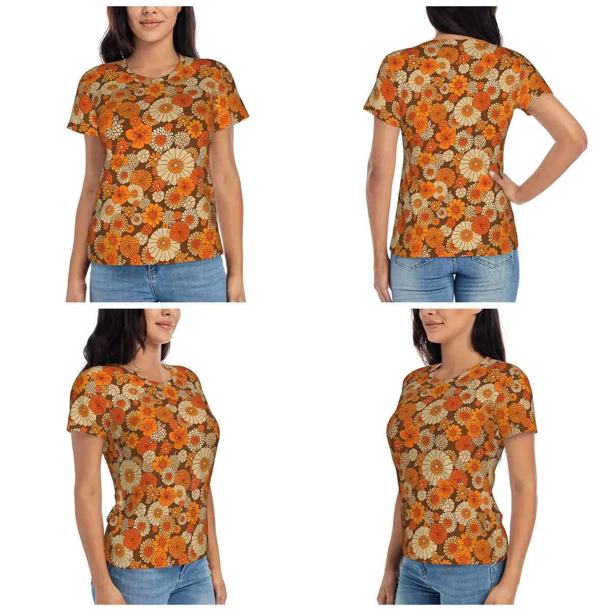 Retro Daisies Vintage Flower Power Orange And Brown Boho T-Shirt for Women Round Neck Streetwear T Shirts Women's Tees Short