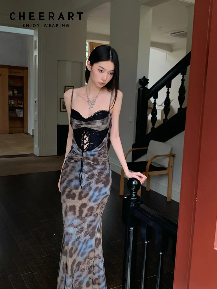 CHEERART Leopard Print Bodycon Long Dress 2025 Woman Summer Bandage Lace Tunics Ladies French Maxi Evening Dress Clothes