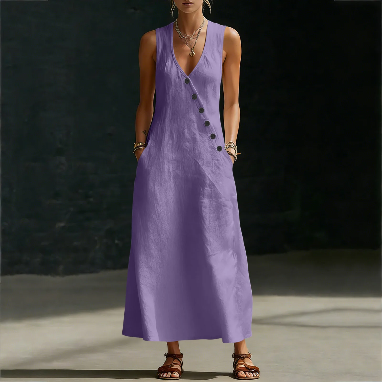 2026 Sommer Damen Baumwoll-Leinen A-Linien-Maxikleid mit V-Ausschnitt, ärmellos, asymmetrisch, Knopfleiste, Westenkleid, locker geschnitten, lässig, für den Urlaub am Strand – Detail 20