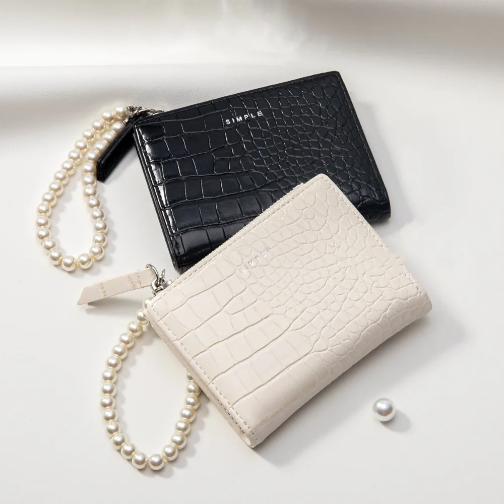 

Imitation Pearl Chain Alligator Print Purse Sweet Multi-card Slot Clutch Coin Purse Zipper Pocket Card Pocket Women Short Wallet