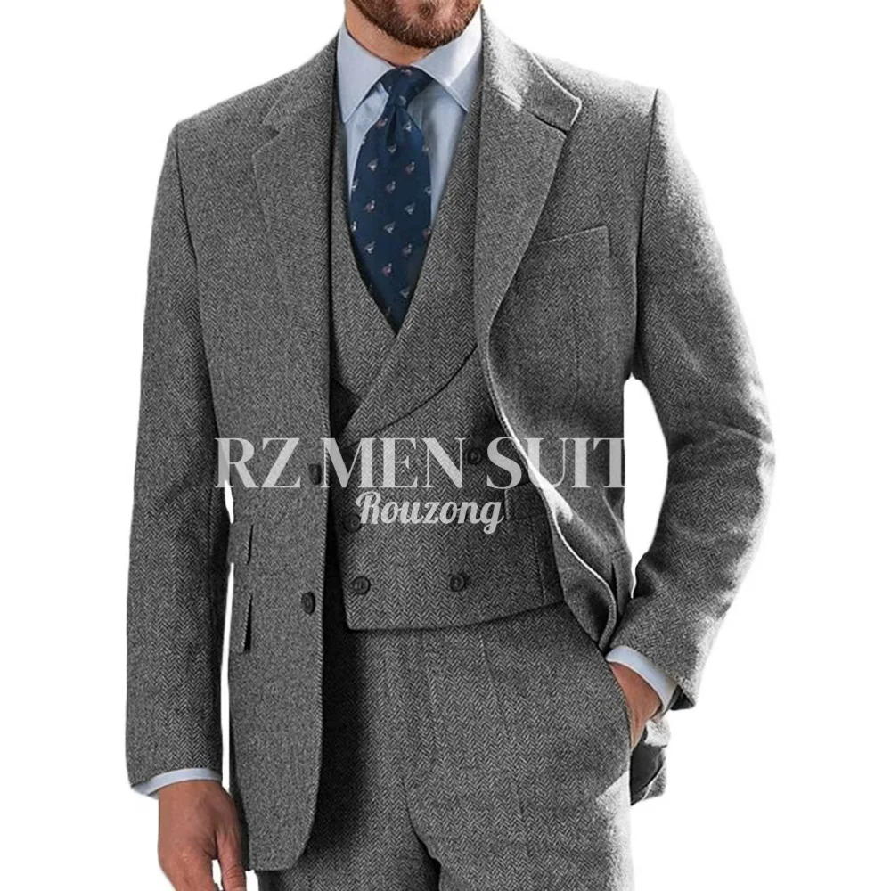 

Tweed Suits for Men 3 Piece Herringbone Tweed Suits Slim Fit Double Breasted Blazer Jacket Tuxedos Costume Wedding Prom