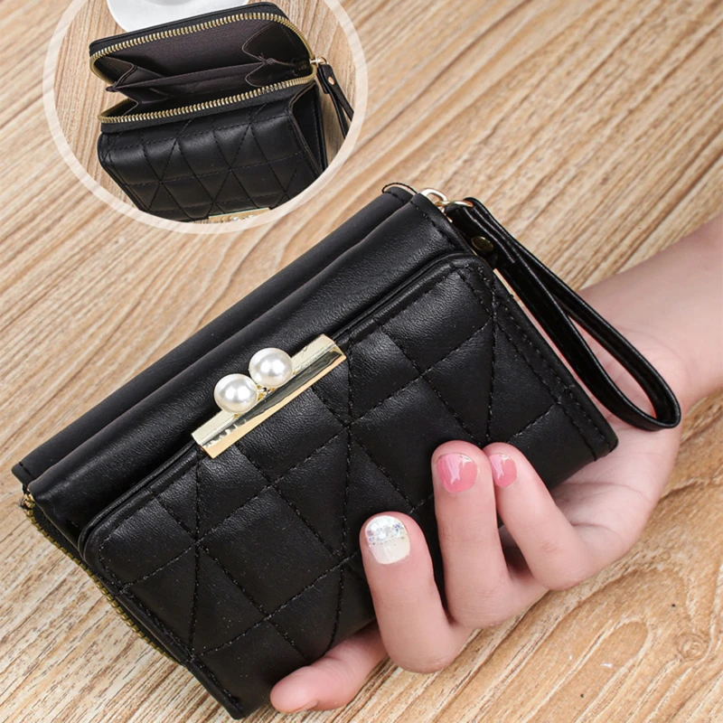 

Vintage Short Wallets Women Coin Purse Leather Pearl Hasp Purses for Women Ladies Girl Card Holder Clutch Bag Solid Color Wallet