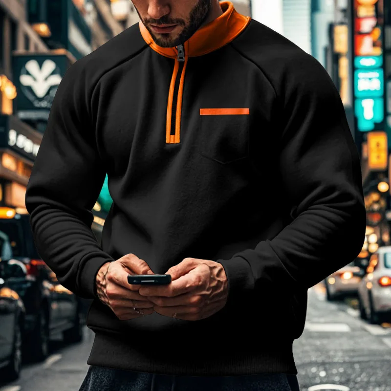 Men-Fleece-Lined-Half-Zip-Sweatshirt-Stand-Collar-Color-Block-Pocket-Pullover-Autumn-Winter-Loose-Casual-Warm-Long-Sleeve-Tops