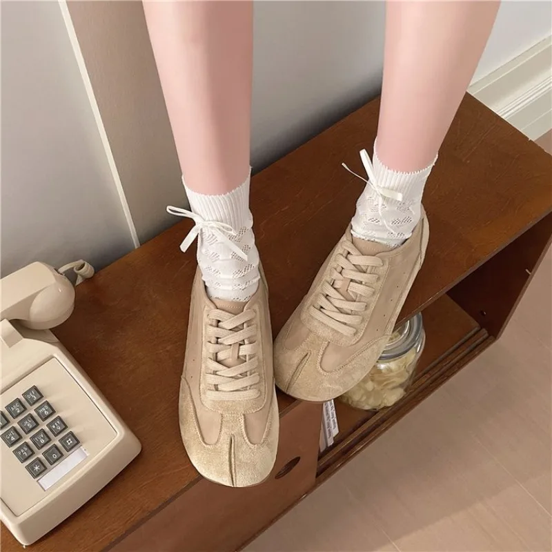 Women Vintage Color Patch Trainer Shoes Lace Up Flat Soft Leather Round Toe Casual Daily Walking Retro Sneakers Outdoor Comfort