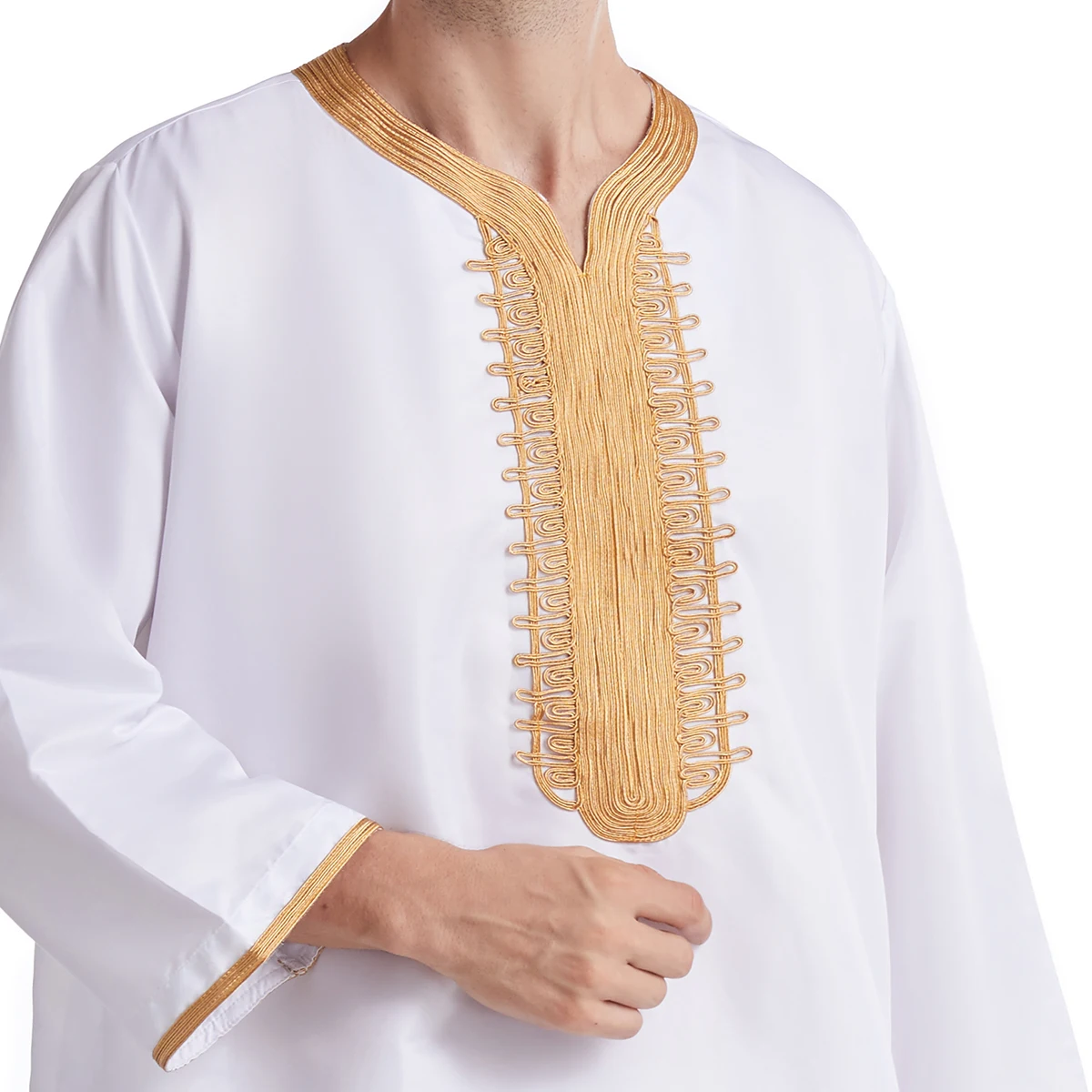 Muslim Men Eight Sleeves Round Collar Pure Color Embroidery Robe Arab Male Adult Ankle Length Thobe Ramadan Eid Clothes