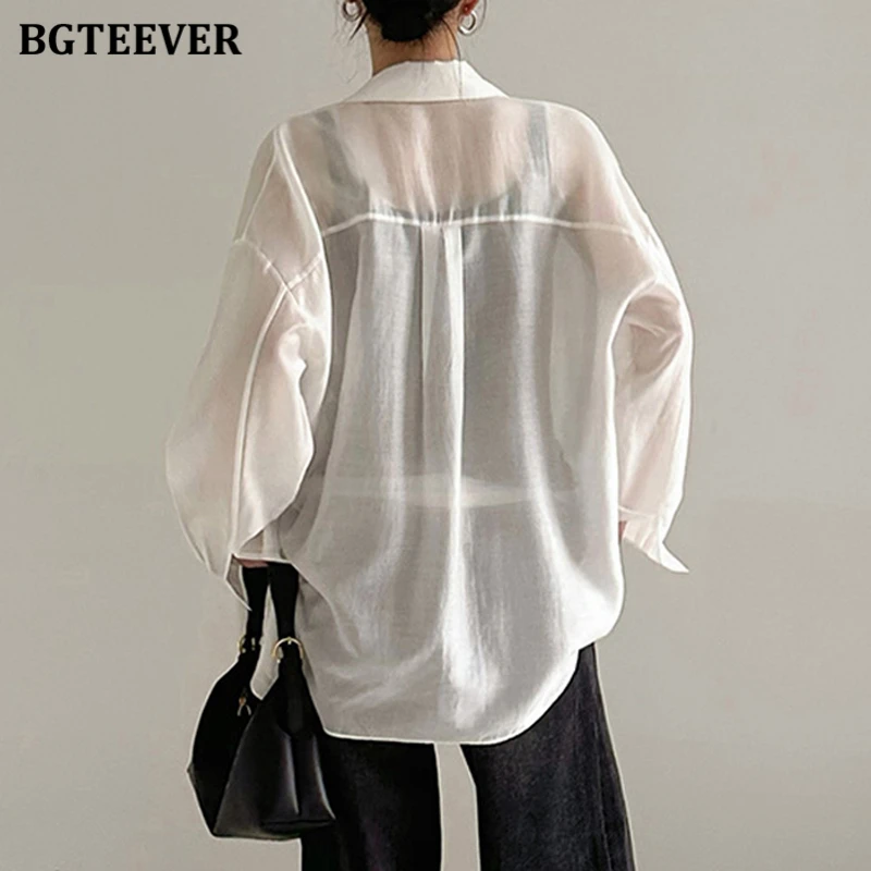 BGTEEVER Summer Loose Single-breasted Female Shirts Long Sleeve Turn-down Collar Pockets Ladies Blouses Tops