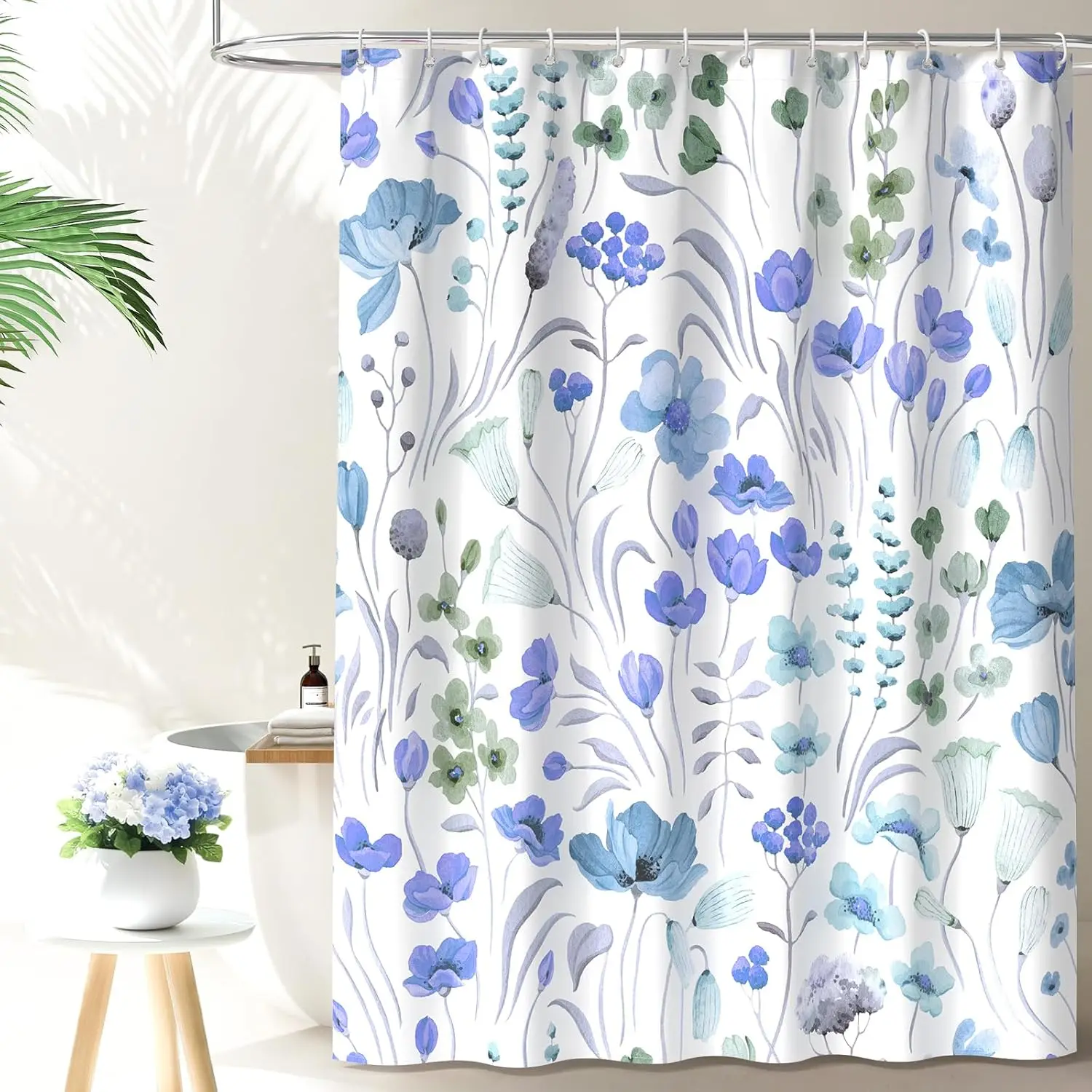 

Blue Green Floral Pattern Shower Curtain Watercolor Botanical Print for Modern Bathroom