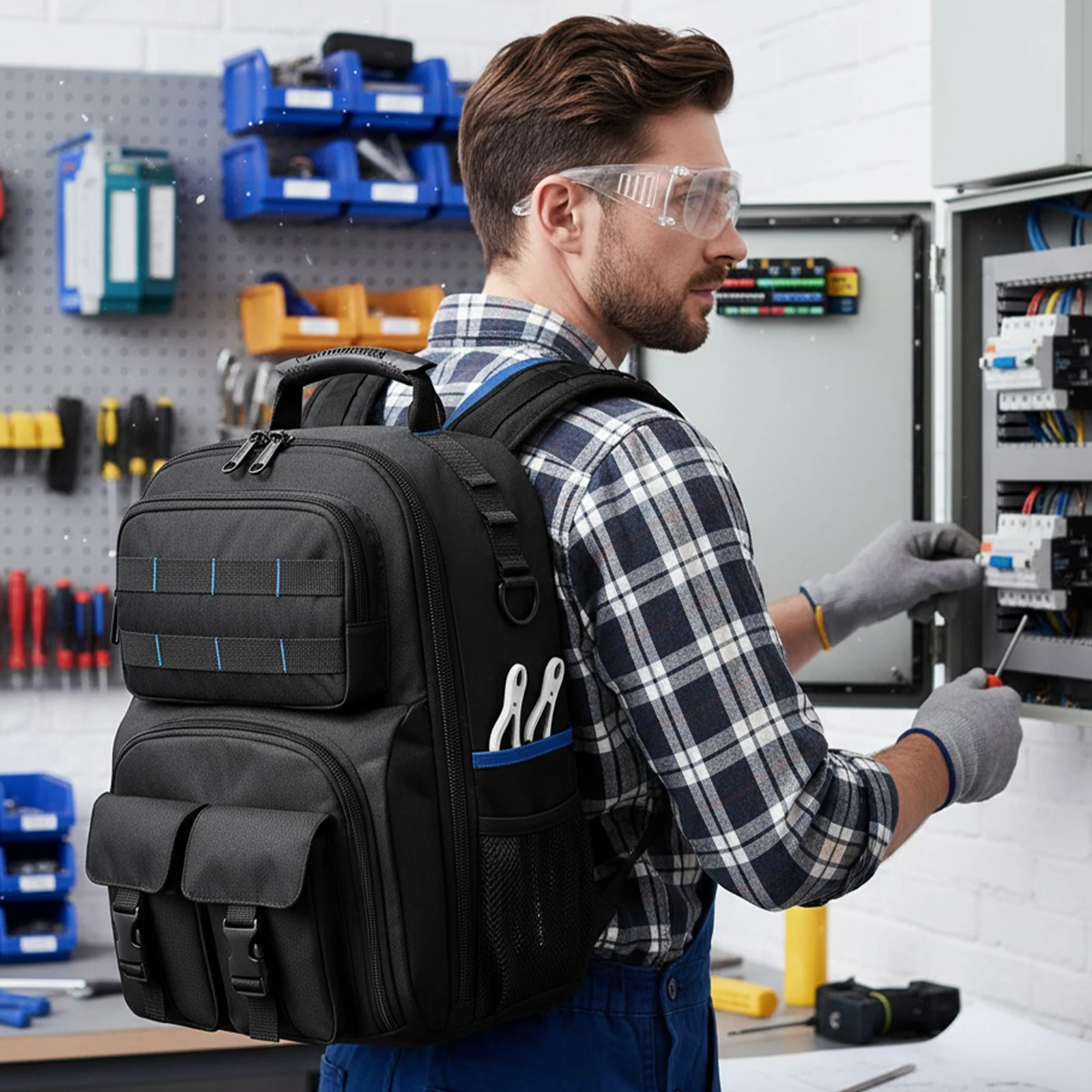 

Heavy-Duty Electrician Backpack Multi-Compartment Tool Storage Organizer (Blue)