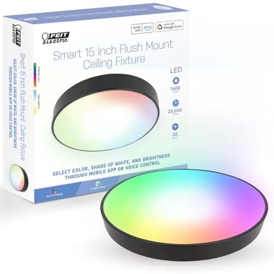 

Smart Ceiling Light Fixture 15" Round Flush Mount Color Changing Music Sync Works with Alexa and Google Home Asst 30W 1600 Lume
