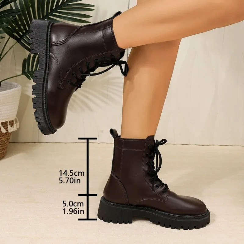 Women Lace Up Combat Ankle Boots PU Leather Chunky Lug Sole Round Toe Casual Winter Daily Shoes