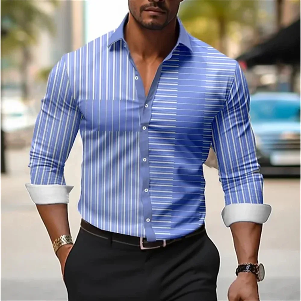 Men's New Fashion Striped 3D Printed Long-sleeved Lapel Simple Business Shirt Hawaiian Vacation Outdoor Street Color Block Top