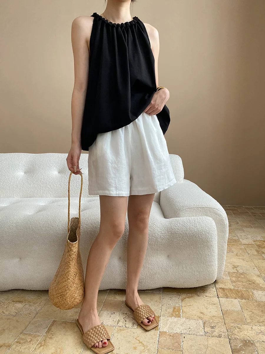 

High End Pleated Neck Tie Loose And Slimming Linen Sleeveless Vest