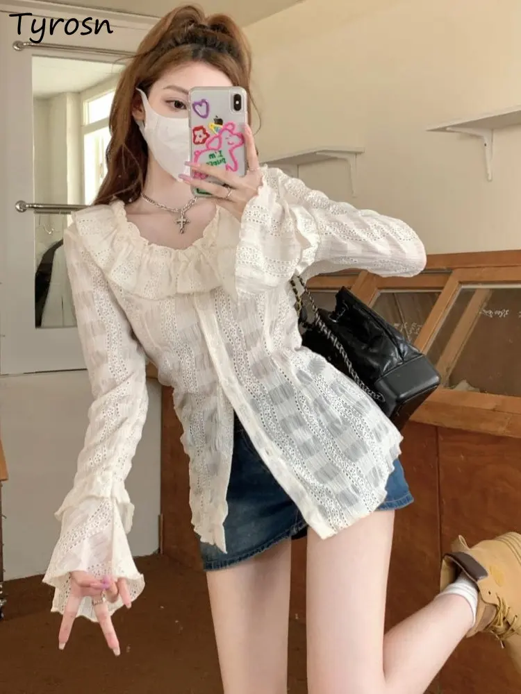 Blouses Women Tender Simple All-match Hollow Out Temperament Ulzzang Pure Casual Design Spring Slim Sexy Fashion Ladies Daily