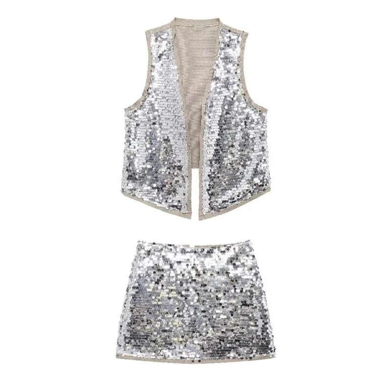 

Women's Suit Sleeveless Sequin Vest Top High Waist Sequin Short Skirt Set 2024 New Casual Fashion Tank Top Two Pieces Set