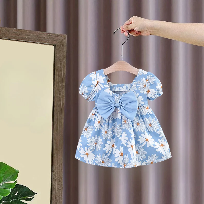 Female Baby's Summer New Full Body Chrysanthemum Big Bow Princess Dress Female Baby's Bubble Sleeve Sweet Casual Dress