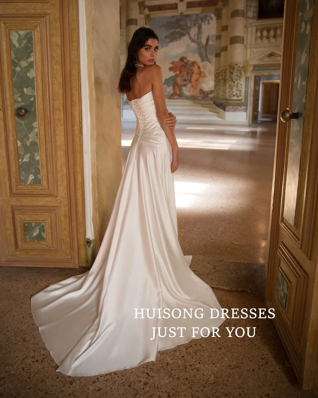 HUISONG vestidos de novia de sirena de satén personalizados sin mangas vestido de novia de playa con abertura lateral vestidos de novia