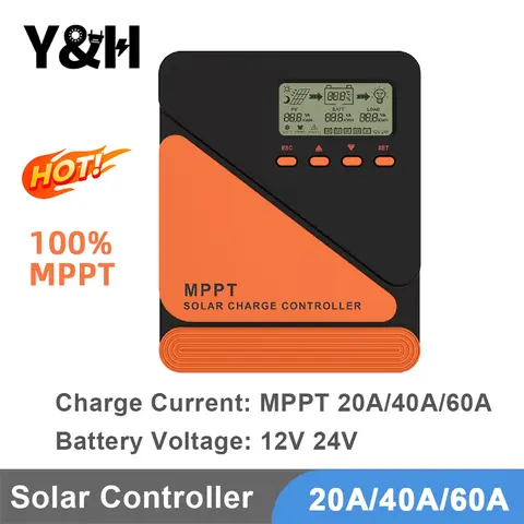 Y&H 솔라 충전 컨트롤러 20A 40A 60A 실제 MPPT 전원 포인트 추적 솔라 충전 레귤레이터 12V 24V 납산/리튬에 적합