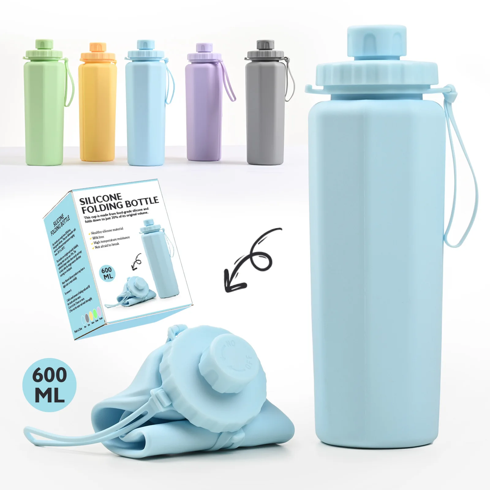 

Collapsible Water Bottles Leakproof Lid Food Grade BPA Free Silicone Travel Bottles –Foldable Water Bottle 600ml for Outdoor