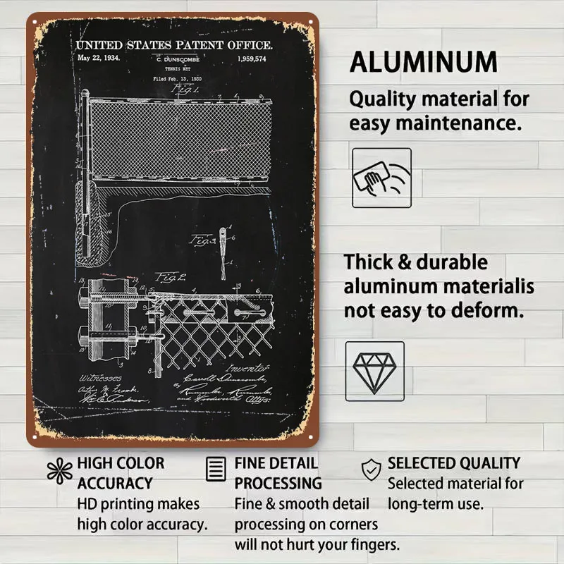 شبكة التنس براءة اختراع 1934 مخطط ملصق صفيح تسجيل لوحة معدنية عتيقة علامات معدنية مخصصة للرجل الكهف جدار الفن الديكور