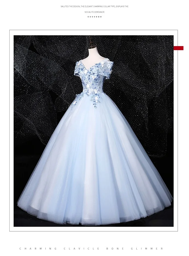 Real Video Vestidos De Dulces 16 Quinceanera Dresses Blue Off Shoulder With 3D Flower Organza Sweet 15 Masquerade Ball Gown